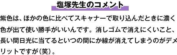 塩塚先生のコメント 紫色は、ほかの色に比べてスキャナーで取り込んだときに濃く色が出て使い勝手がいいんです。消しゴムで消えにくいこと、長い間日光に当てるといつの間にか線が消えてしまうのがデメリットですが（笑）。